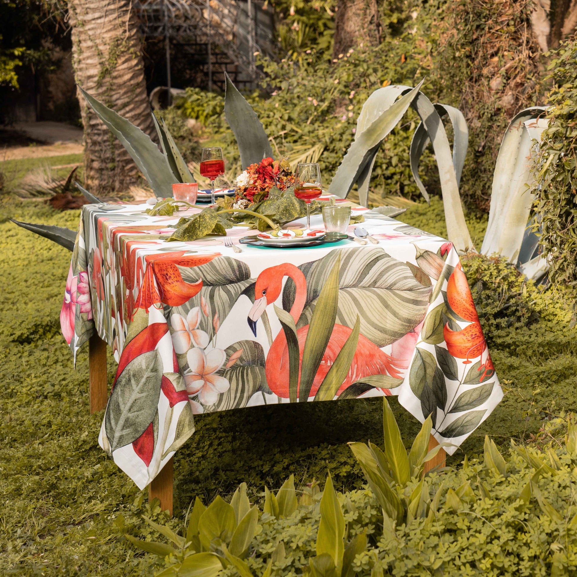 Satin Tablecloth «Flamingos» 100% Made in Italy - The Napking