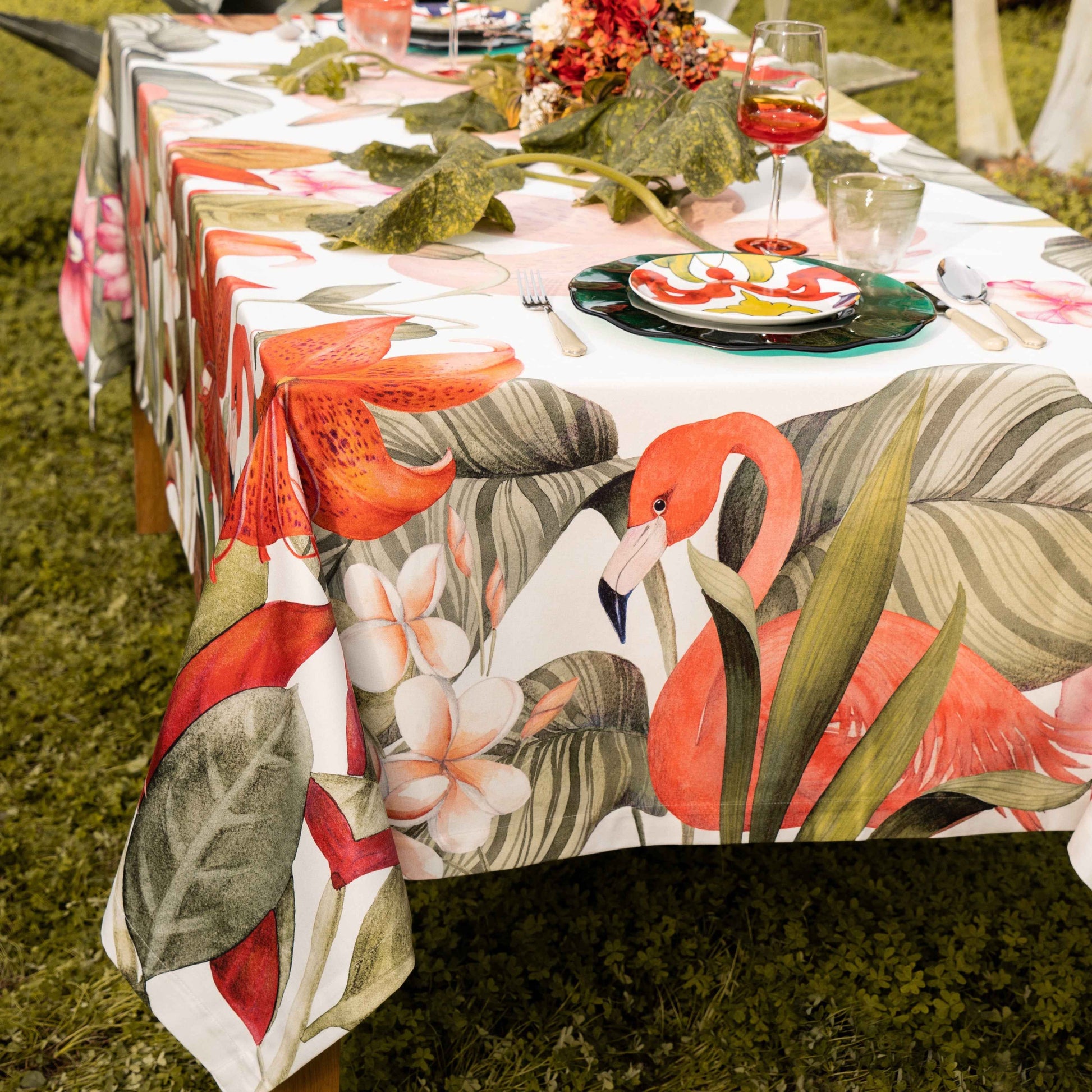 Satin Tablecloth «Flamingos» 100% Made in Italy - The Napking