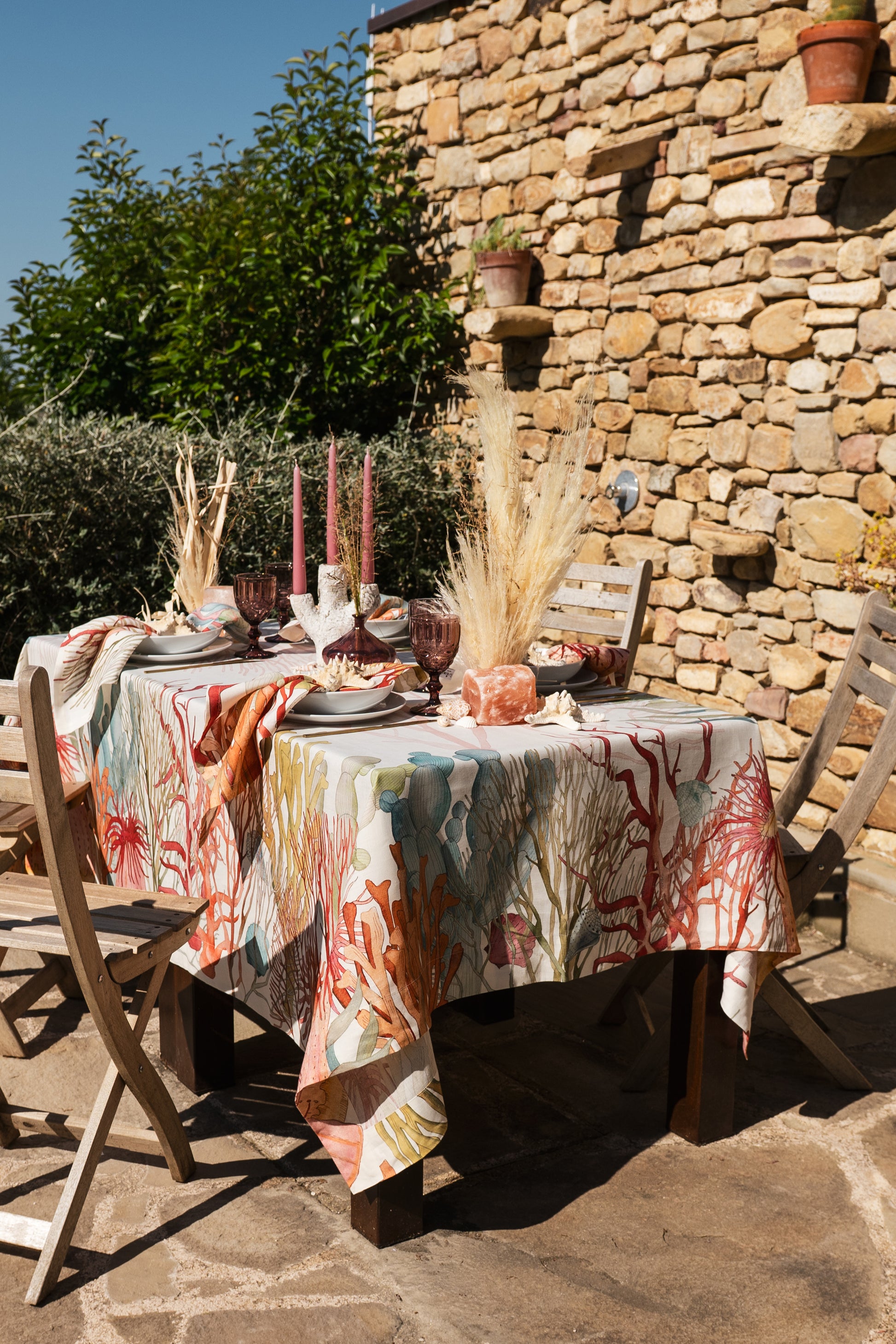 Premium Linen Tablecloth «Corals» 100% Made in Italy - The Napking