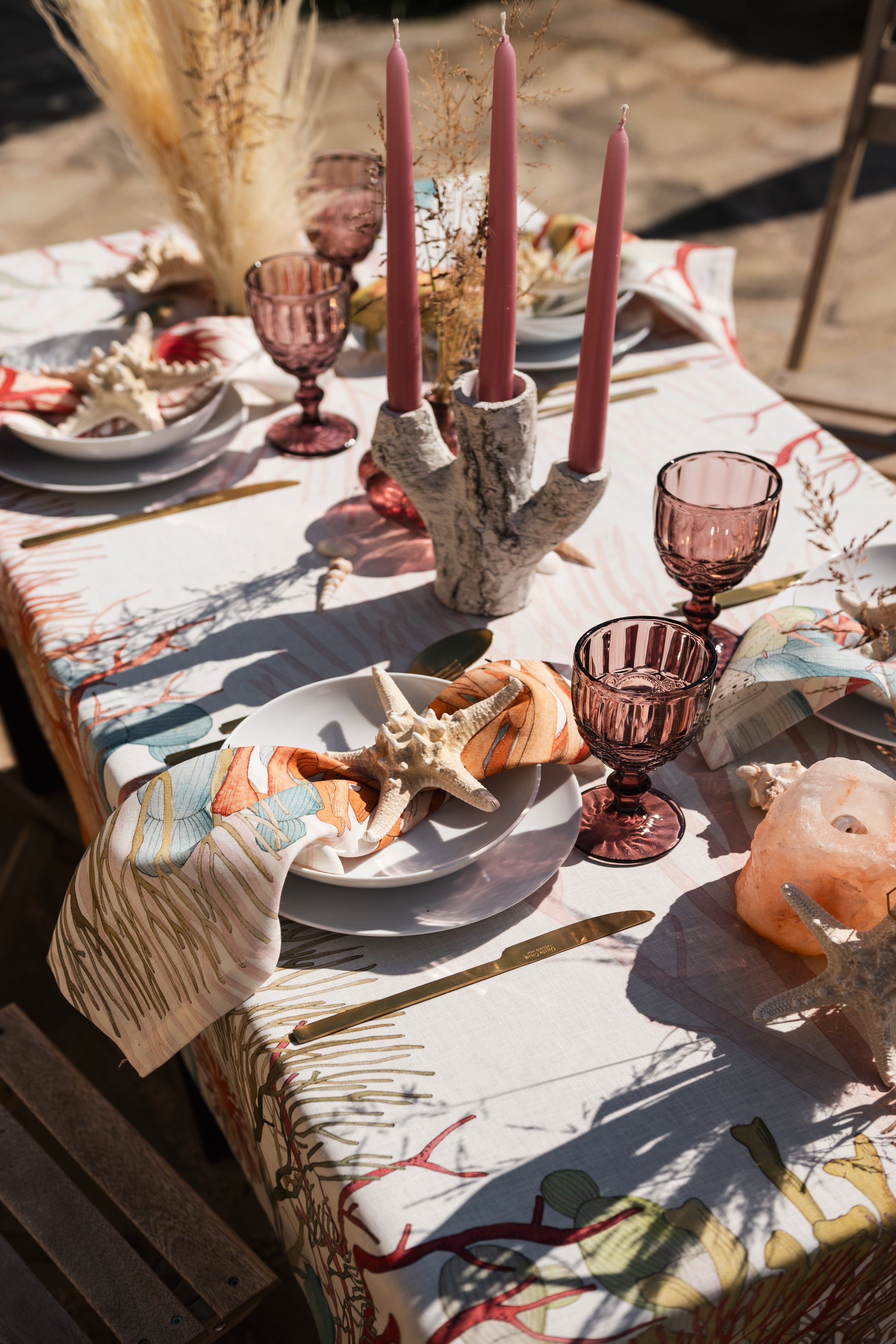 Premium Linen Tablecloth «Corals» 100% Made in Italy - The Napking
