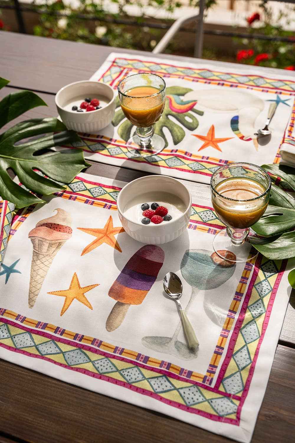 Set of 4 Placemats «Summer Party» Cotton Satin 100% Made in Italy