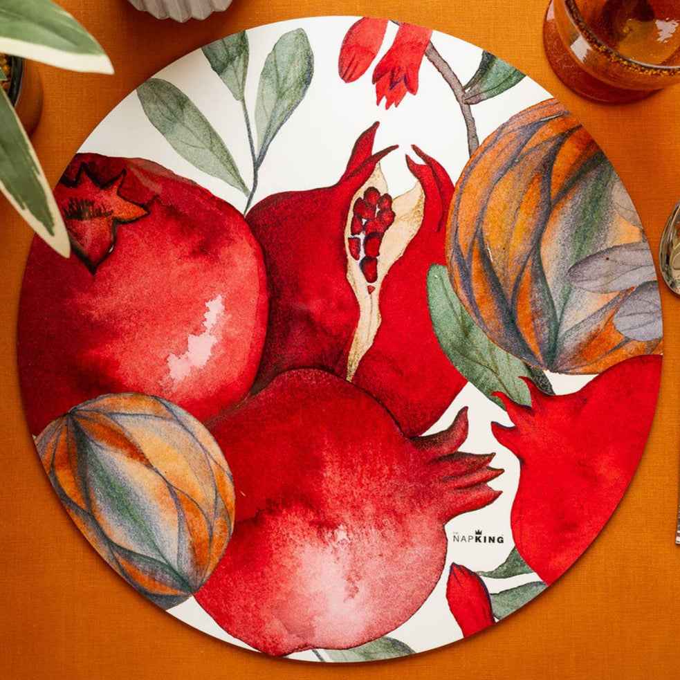 Grenade round hardboard and cork placemats with pomegranate print