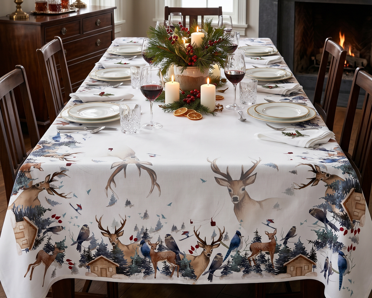 Buck Pure Linen tablecloth with woodland print, 180 × 270