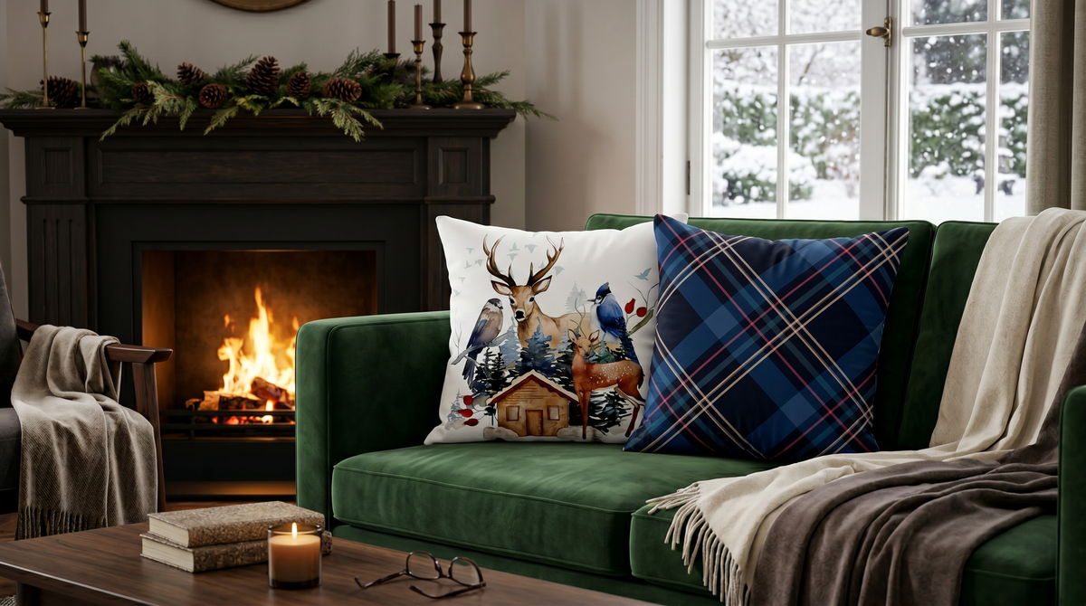 Buck velvet decorative cushion with woodland print