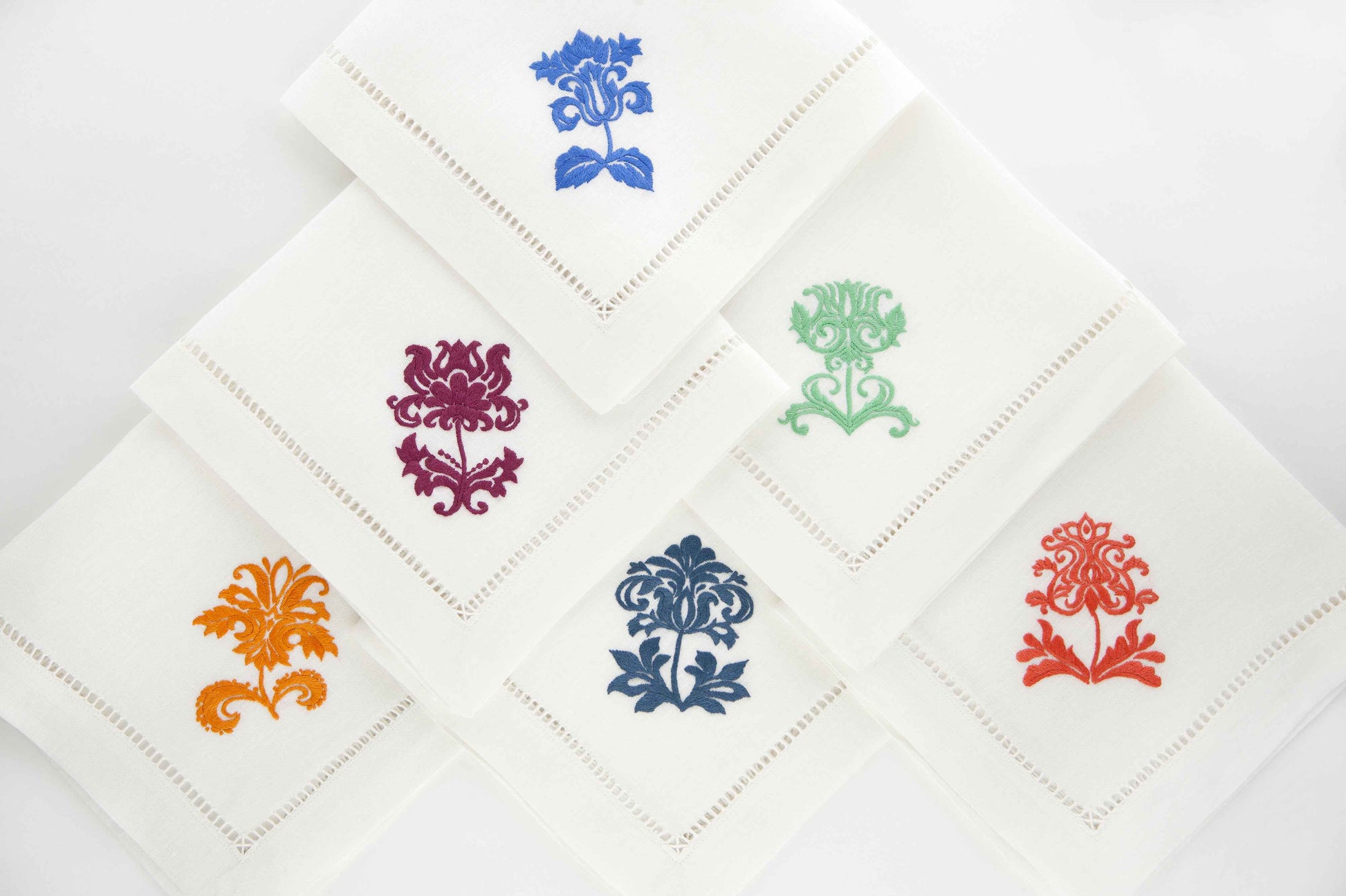 Damask Flowers Set of 6 Hand-Embroidered Napkins
