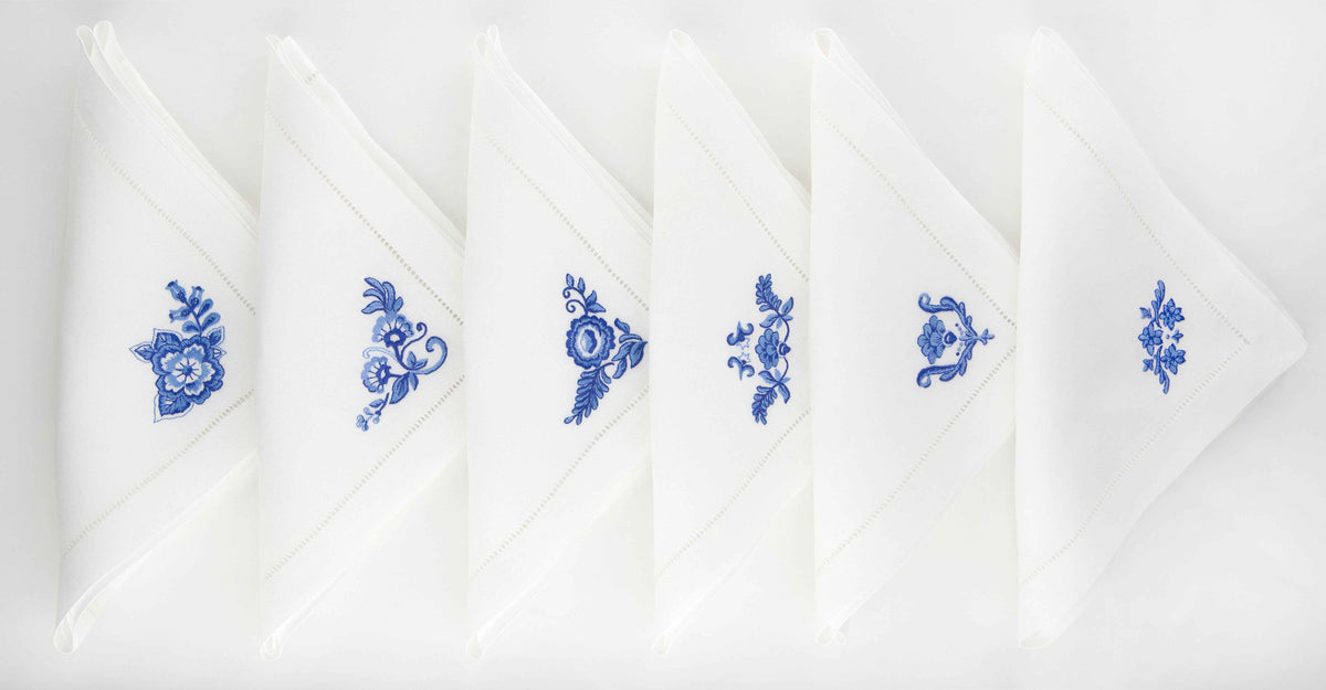 Delft Flowers Set of 6 Hand-Embroidered Napkins
