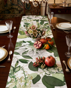 Hedycarya Premium Linen table runner with botanical print, White