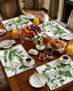 Hedycarya set of four Premium Linen placemats with botanical print, White