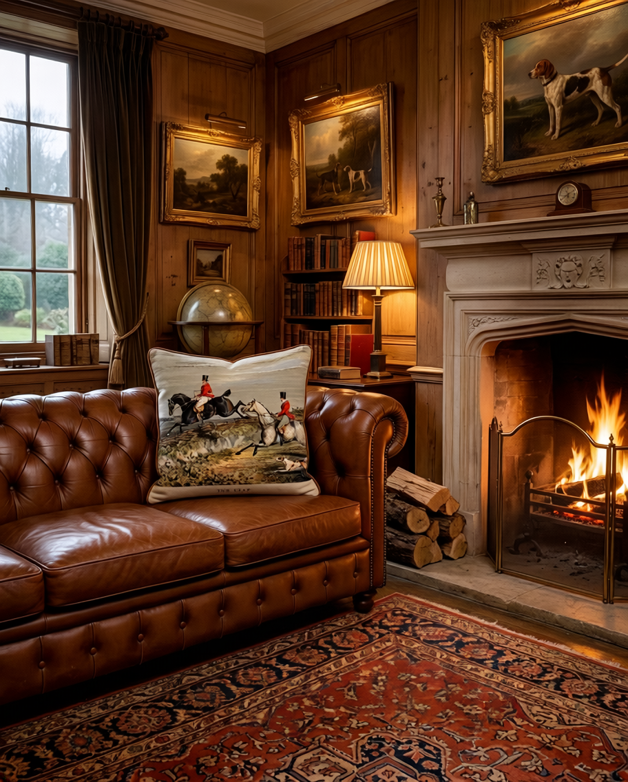 England decorative velvet cushion with heritage country-house print