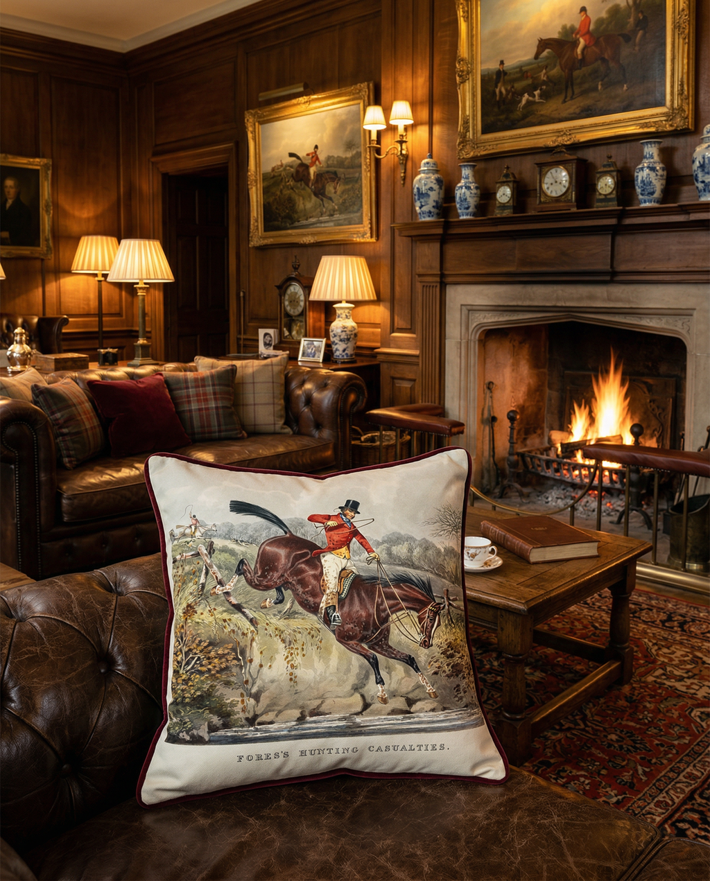 England decorative velvet cushion with heritage country-house print, view 3