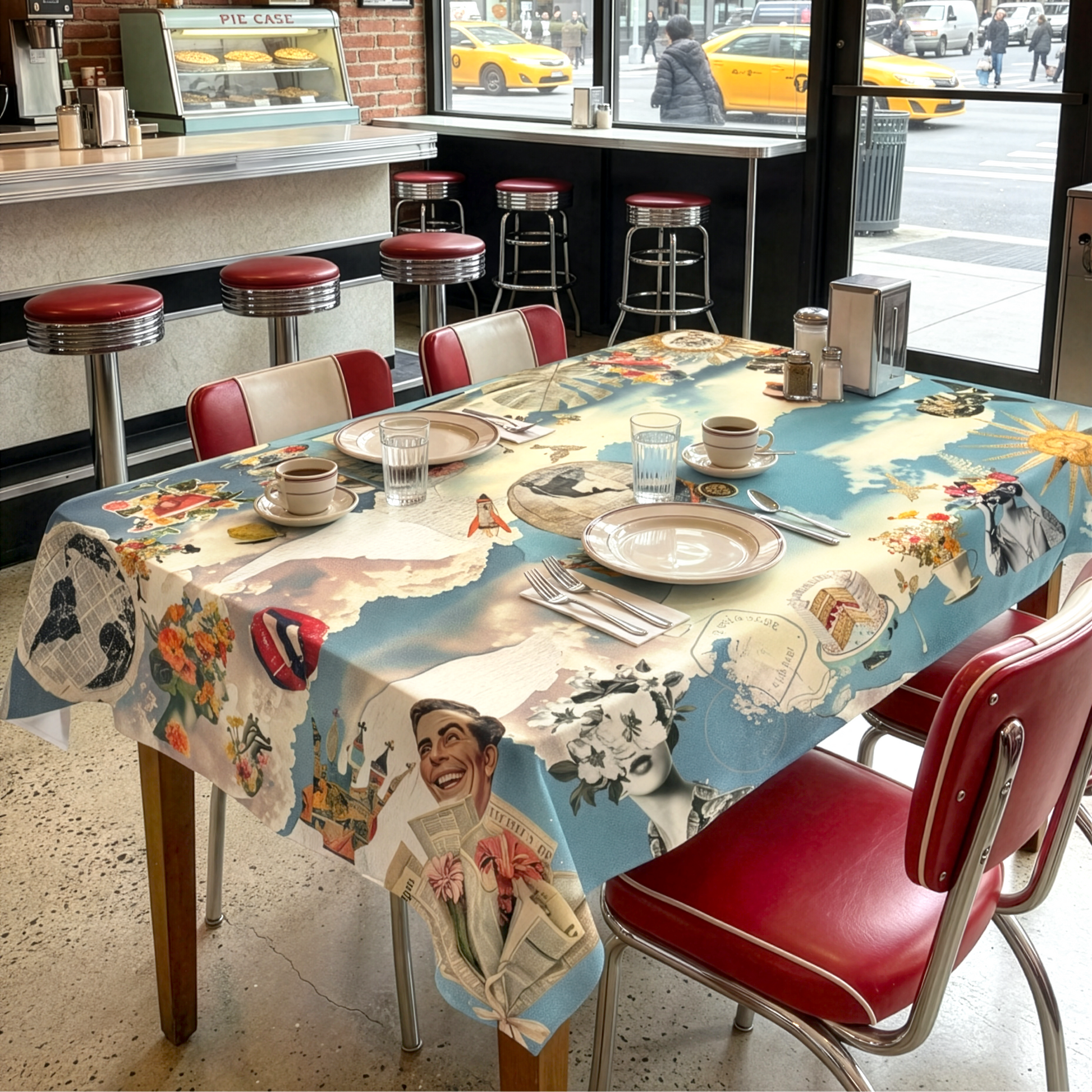 Diner interior with a table set for a meal, featuring a colorful tablecloth with vintage illustrations.