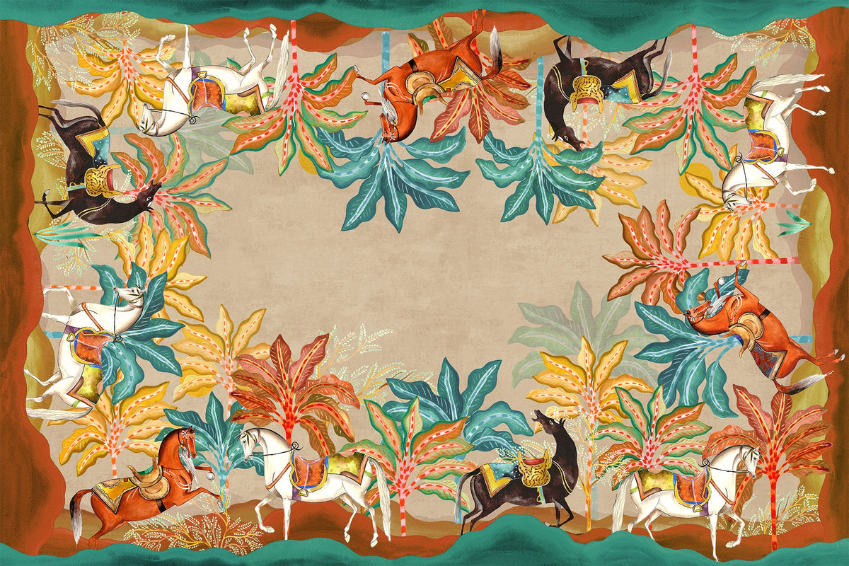 Equis lino premium mantel con equestrian-inspired graphic print, 110 × 110 cm