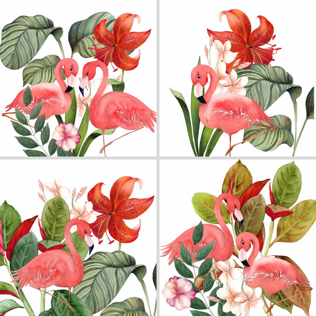 Set of 4 Napkins Satin Flamingos 100% Made in Italy - The Napking