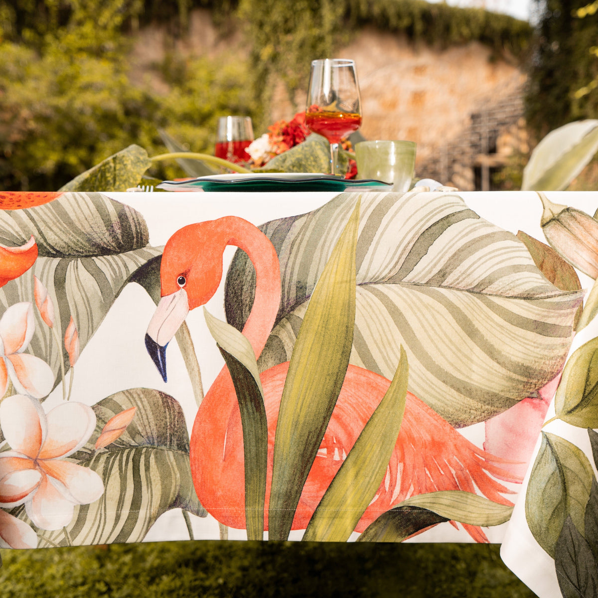 Nappe en satin de coton «Flamingos» 100% Made in Italy The Napking