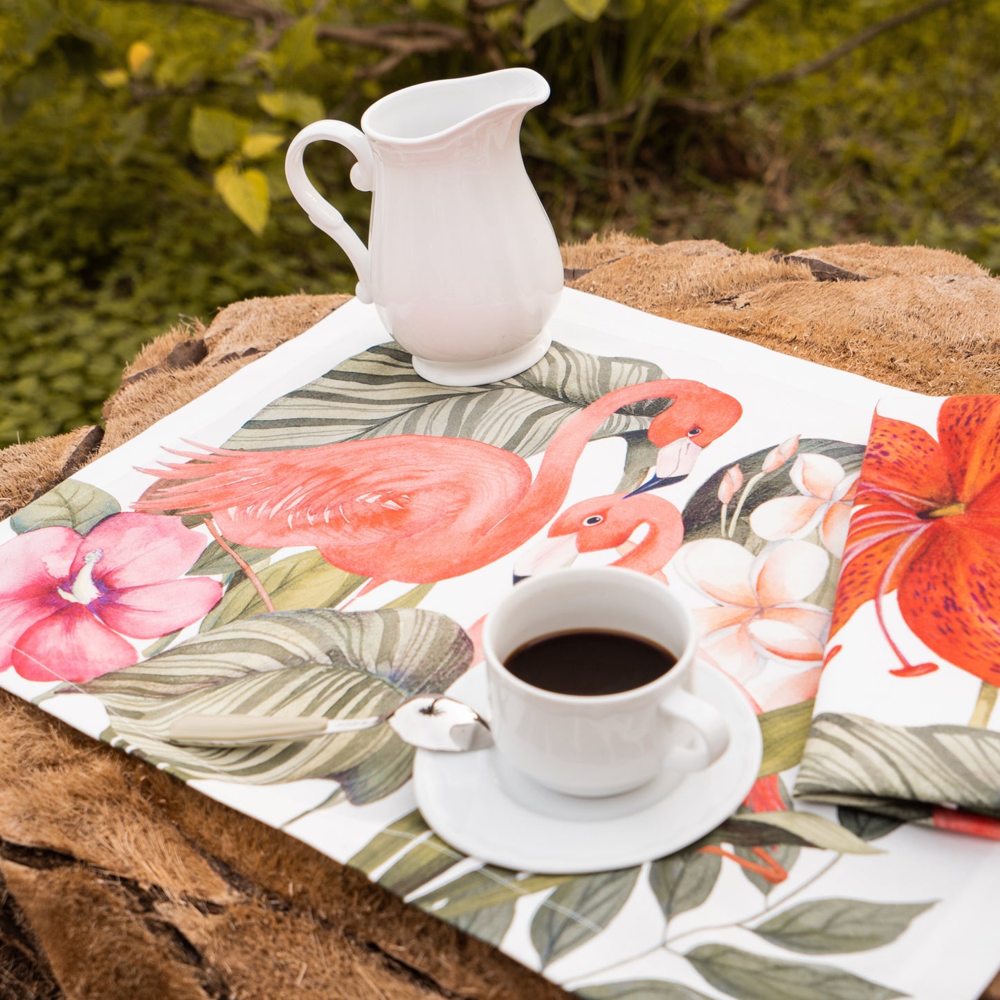 Set of 4 Placemats «Flamingos», Cotton Satin 100% Made in Italy
