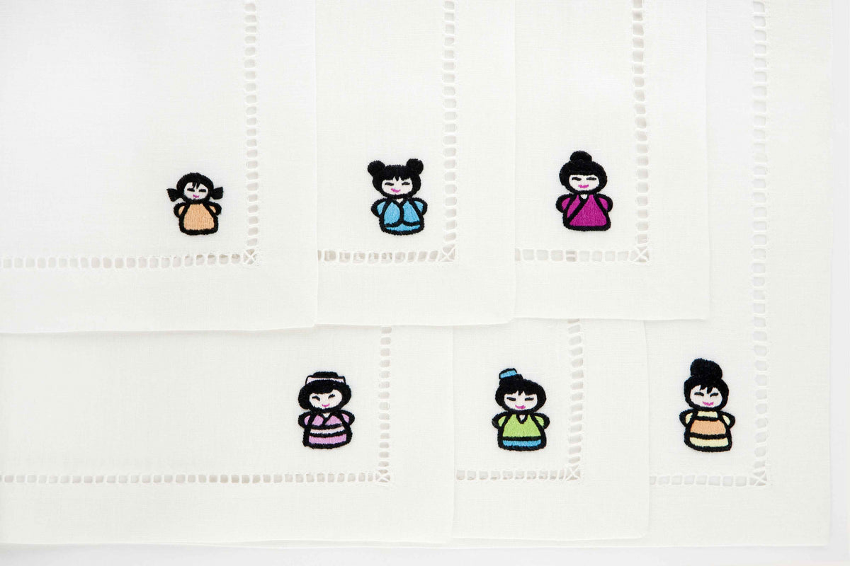 Geisha Set aus 6 handbestickt Servietten 100% Leinen