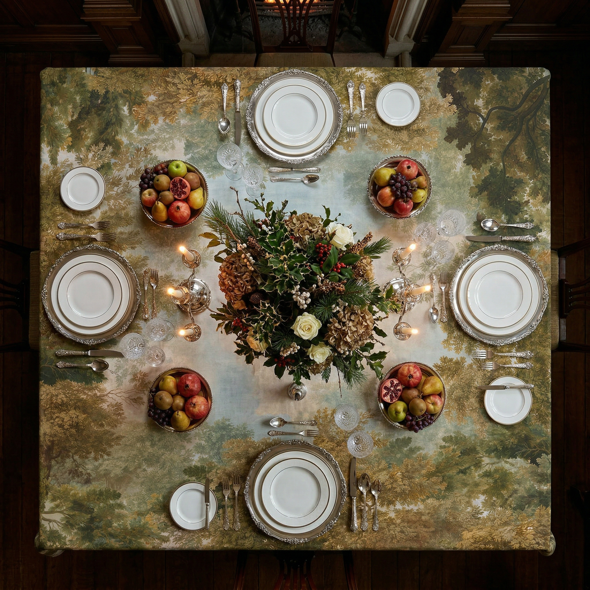 Goblin lino premium mantel con whimsical estampado de bosque, 180 × 360 cm