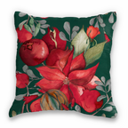 Grenade Green velvet decorative cushion with pomegranate and poinsettia print, view 2