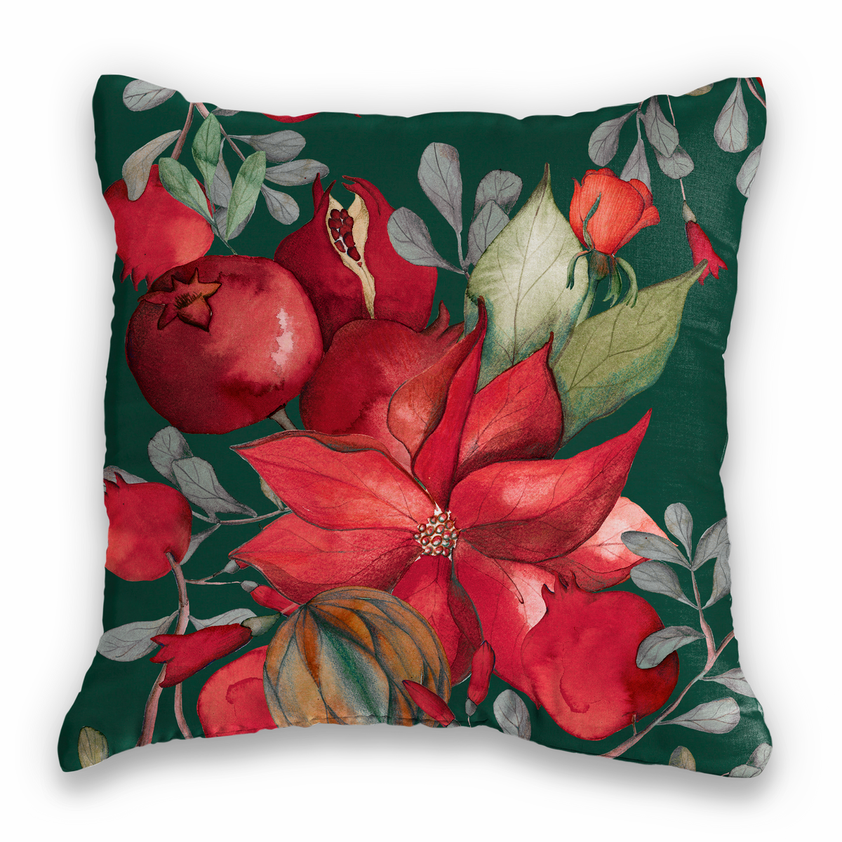 Grenade verde velvet cojín decorativo con pomegranate and poinsettia print, vista 2