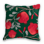 Grenade Green velvet decorative cushion with pomegranate and poinsettia print, view 3
