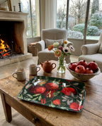 Grenade Green acrylic tray with printed linen and pomegranate design, 46 × 36
