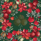 Grenade Green Cotton Satin tablecloth with pomegranate and poinsettia print, 180 × 180 cm