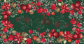 Grenade Green Cotton Satin tablecloth with pomegranate and poinsettia print, 210 dm