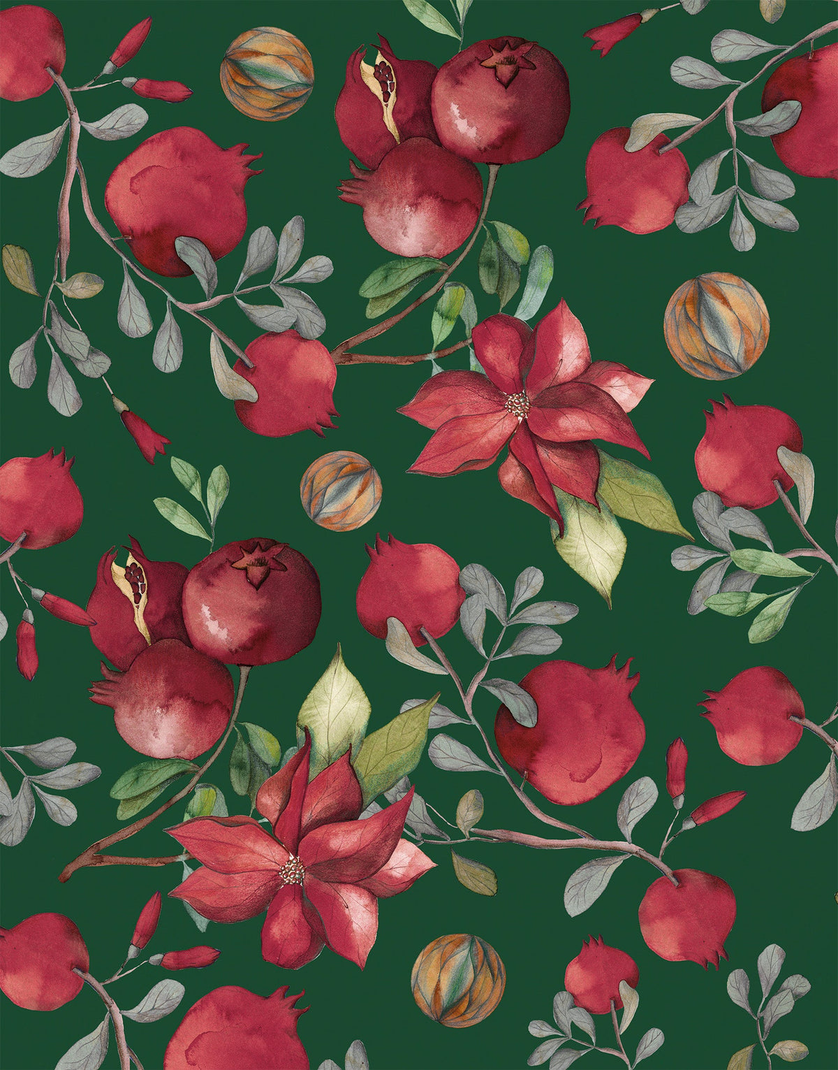 Grenade verde velvet plaid con pomegranate and poinsettia print, vista 2