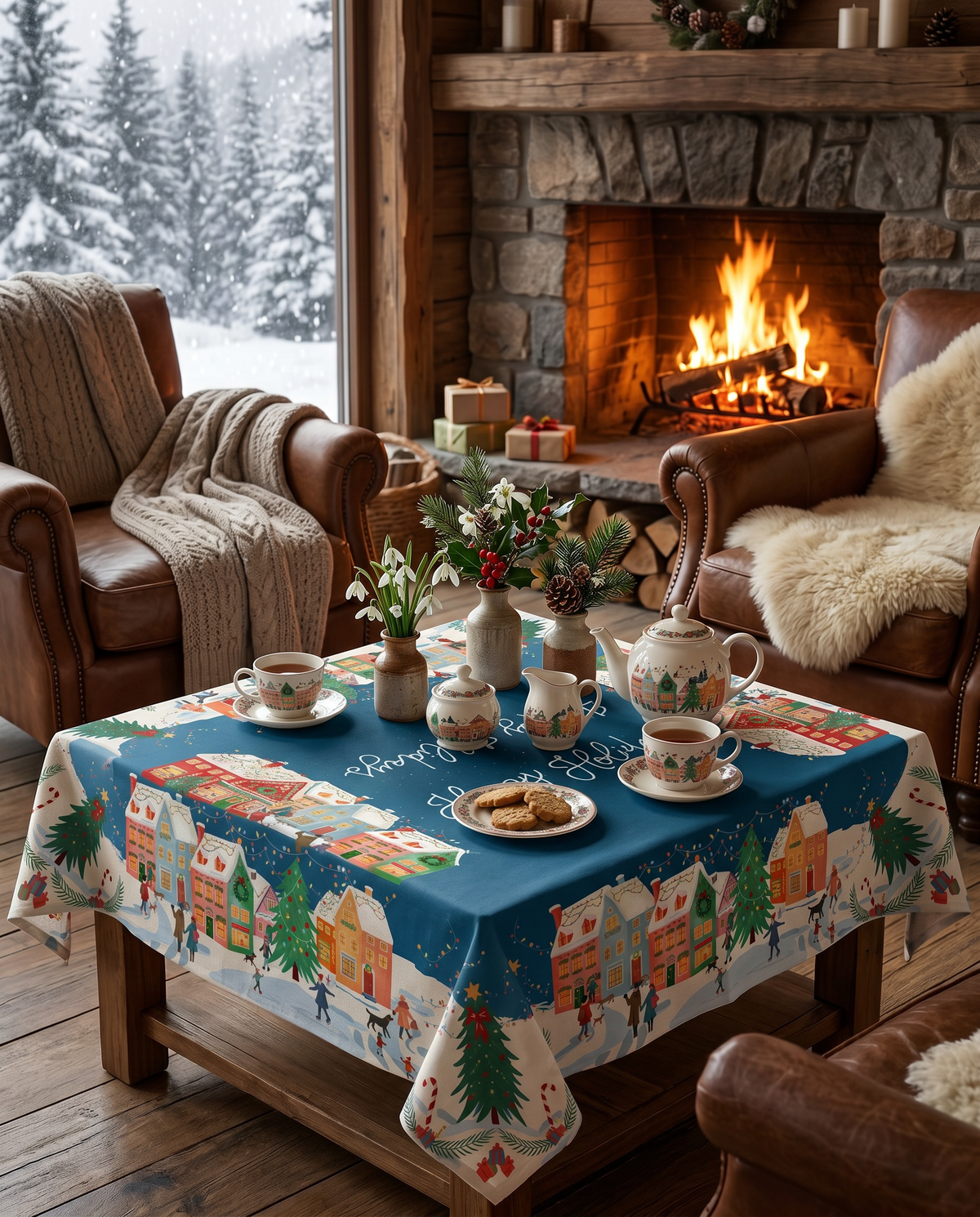 Happy Holidays mezcla de lino y algodón Mantel, The Napking home textile, 180x360 cm
