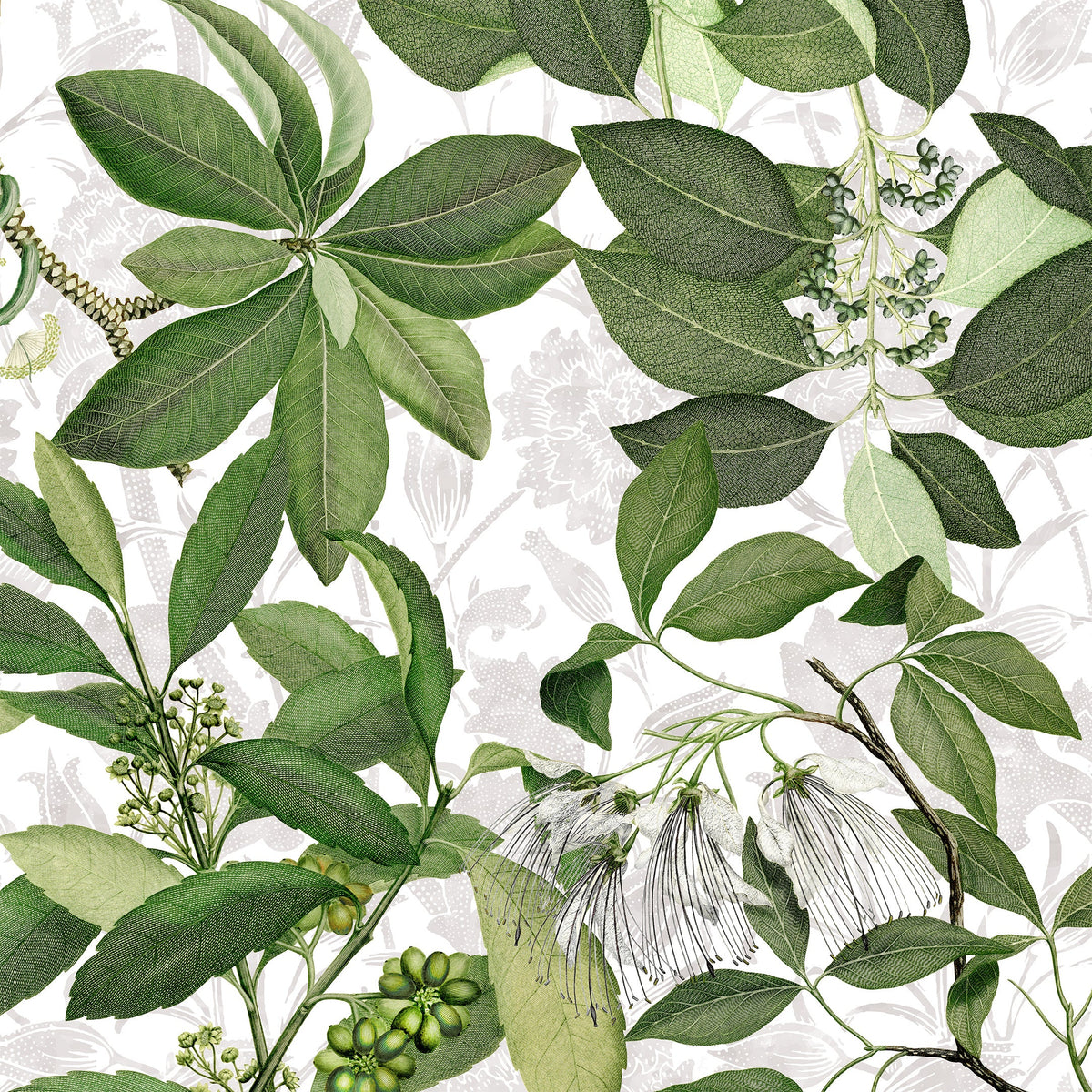Hedycarya lino premium mantel con estampado botánico, 210Ø cm, blanco