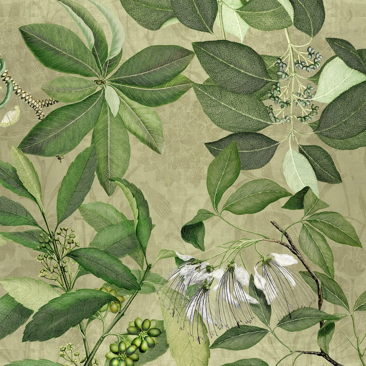 Hedycarya lino premium mantel con estampado botánico, 180 × 180 cm, verde