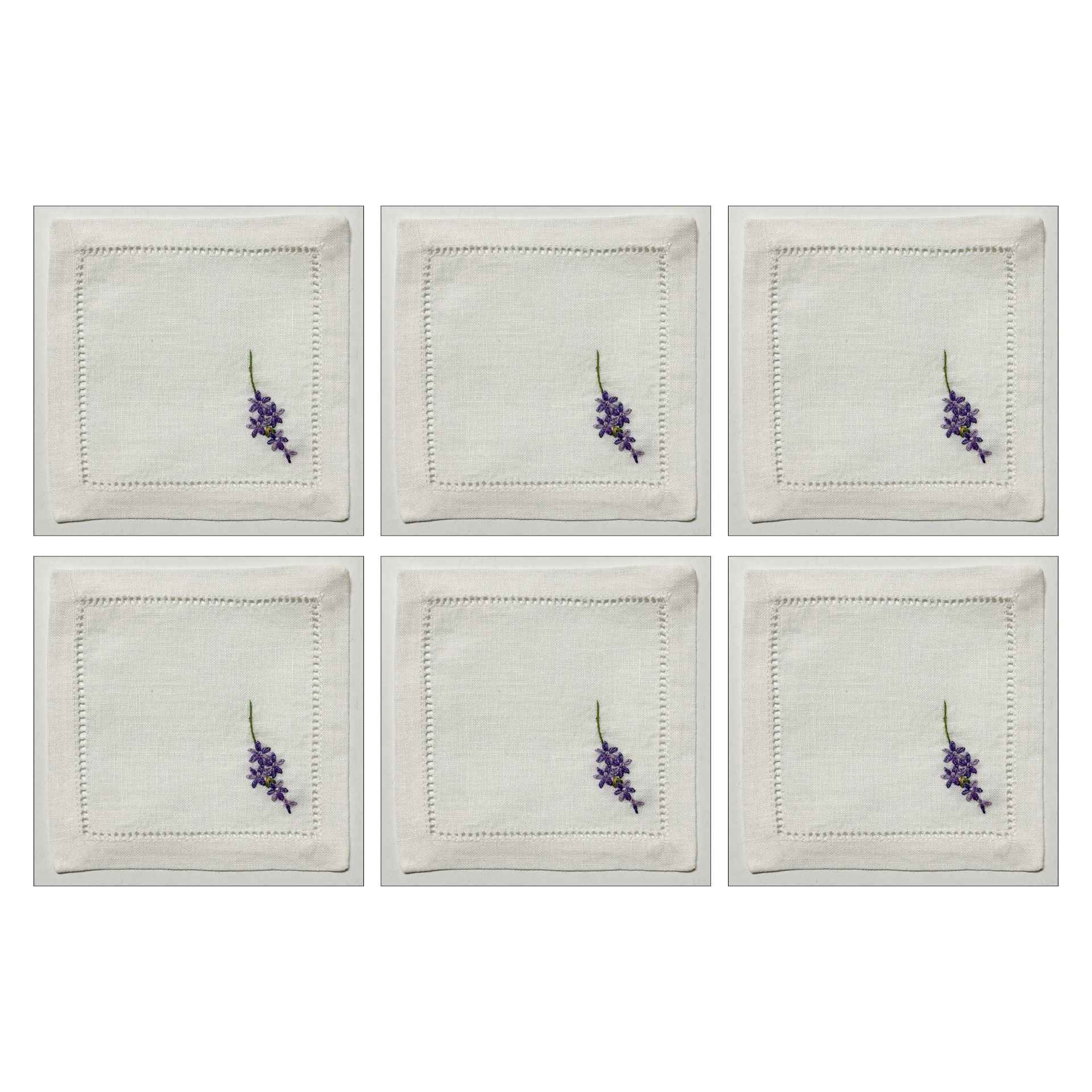 Lavanda Set of 6 Hand-Embroidered Coasters 100% Linen White
