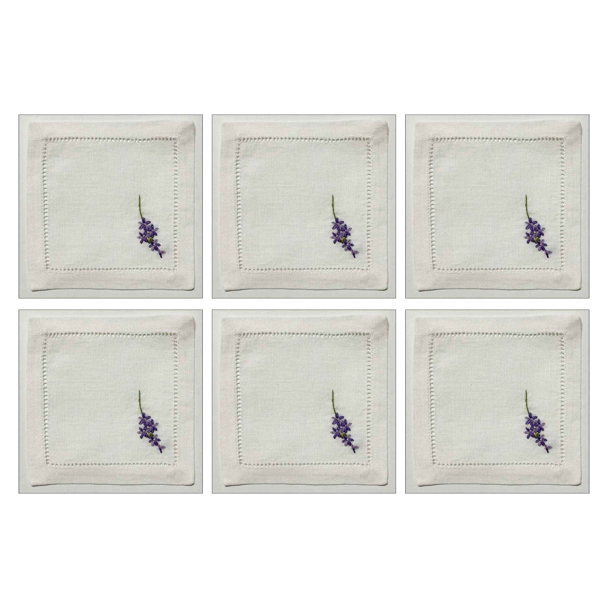 Lavanda Set de 6 brodé à la main Dessous de verre 100% lin White