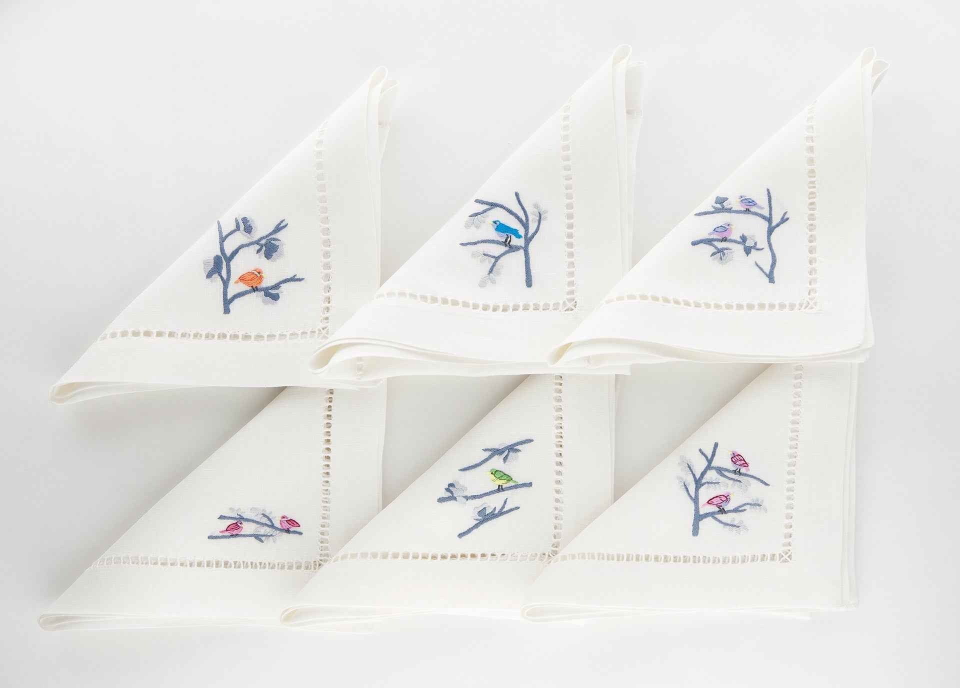 Les Petit Oiseaux Set of 6 Hand-Embroidered Napkins