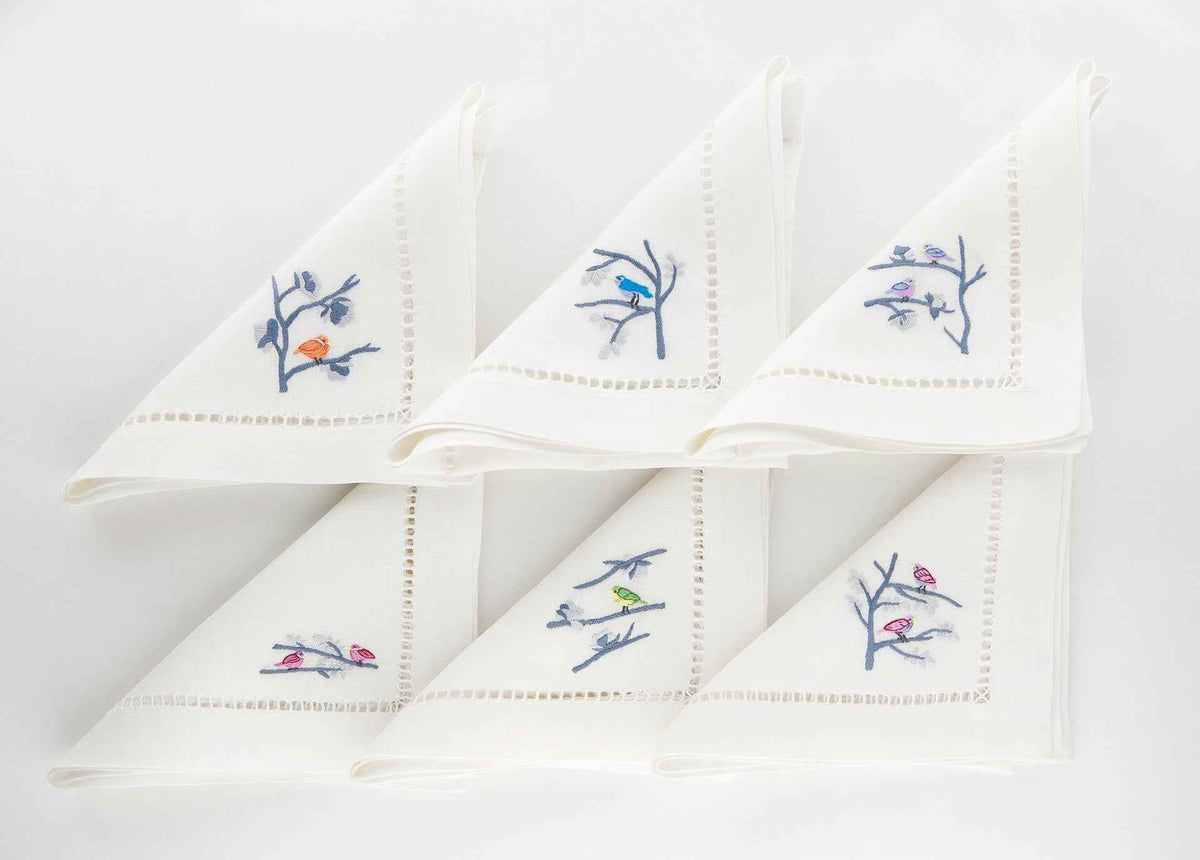Les Petit Oiseaux Set of 6 Hand-Embroidered Napkins
