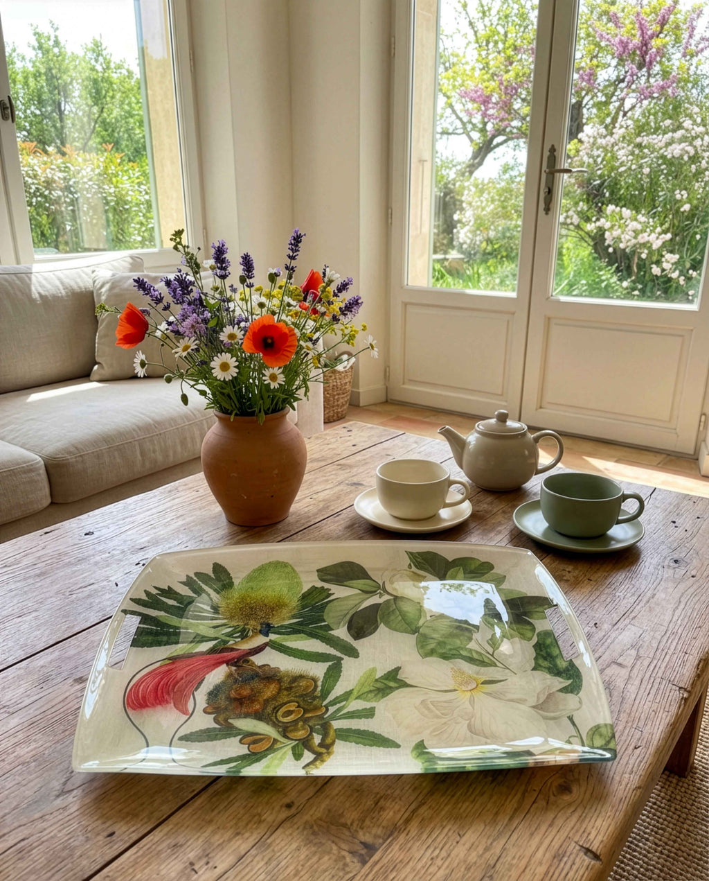 Loma acrylic tray with digitally printed botanical linen, 54 × 43