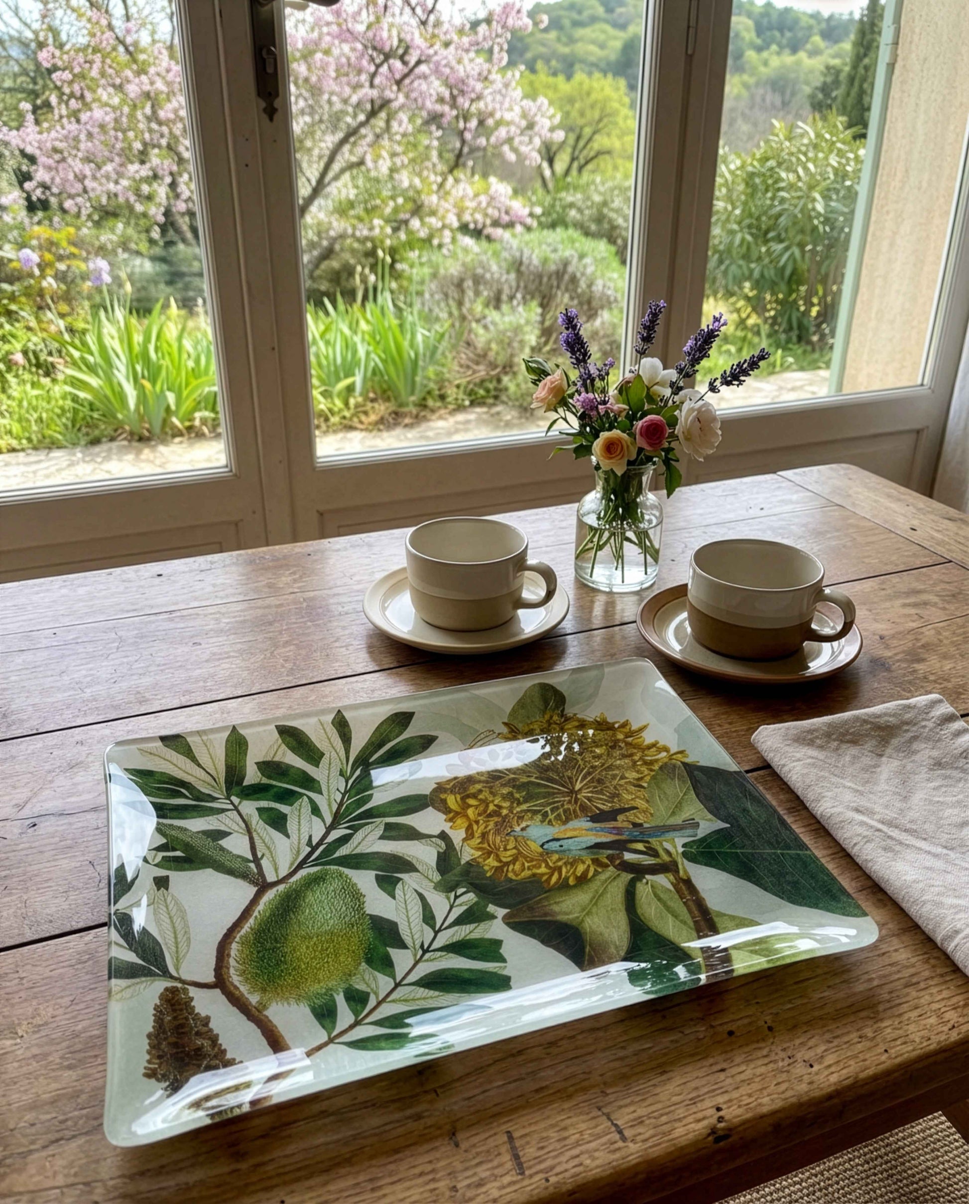 Loma acrylic tray with digitally printed botanical linen, 37 × 28