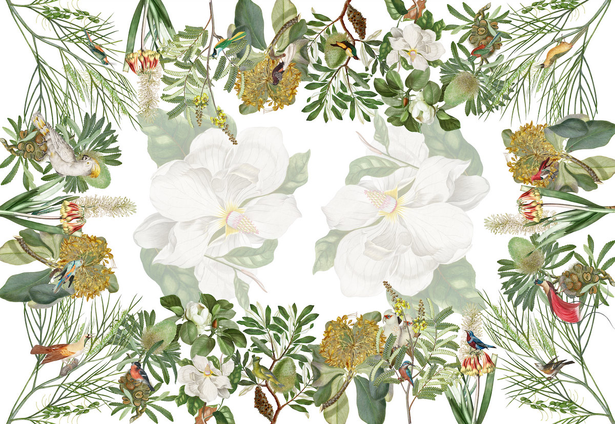 Loma Pure Linen tablecloth with botanical bird print, 180 × 270 cm
