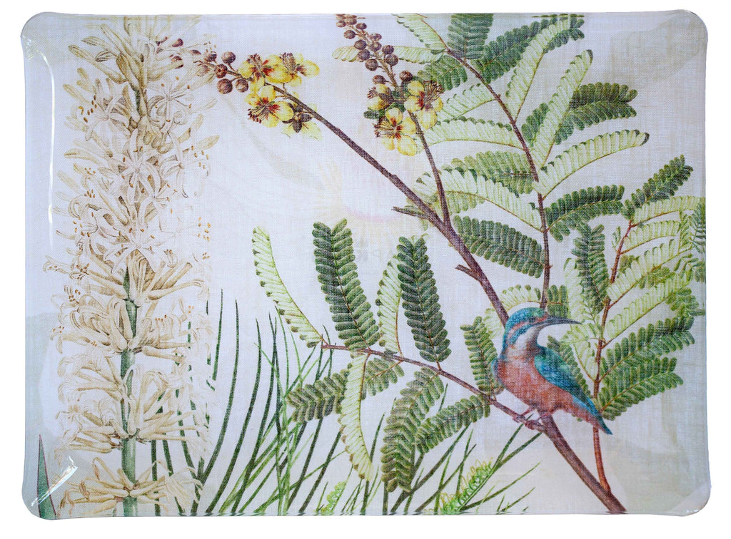 Loma acrylic tray with digitally printed botanical linen, 46 × 36