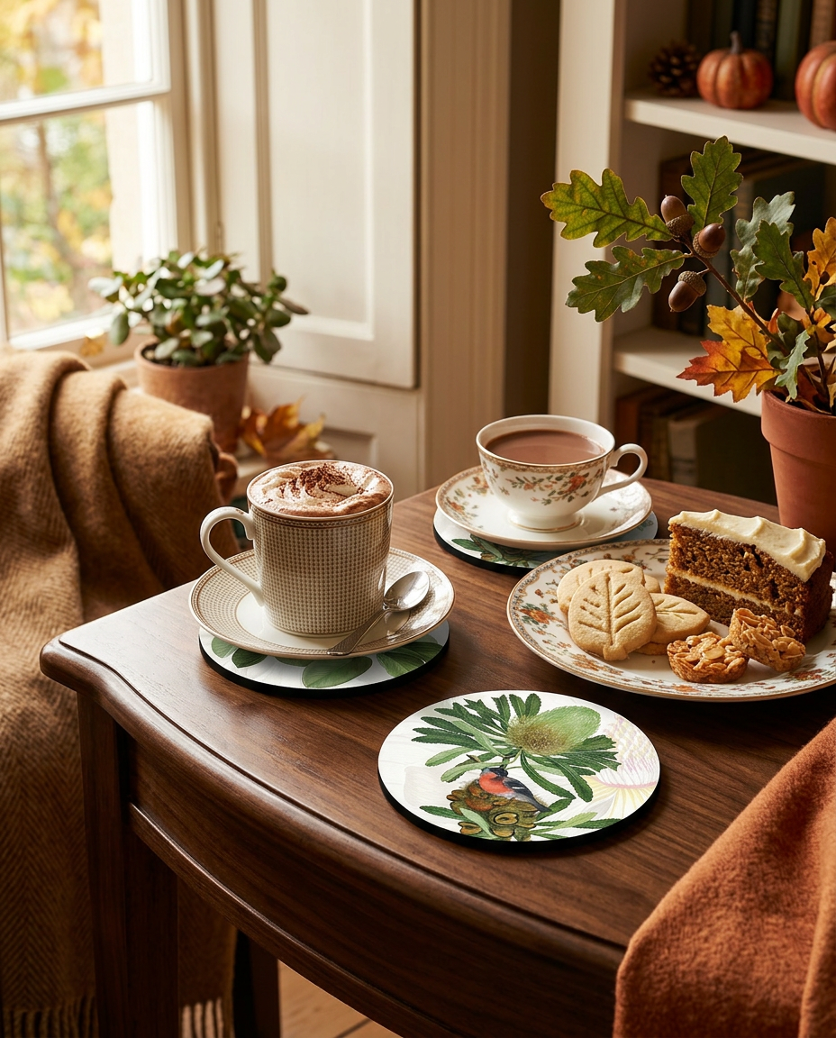 Loma wood and cork coasters with botanical print