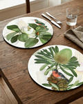Loma round hardboard and cork placemats with botanical print