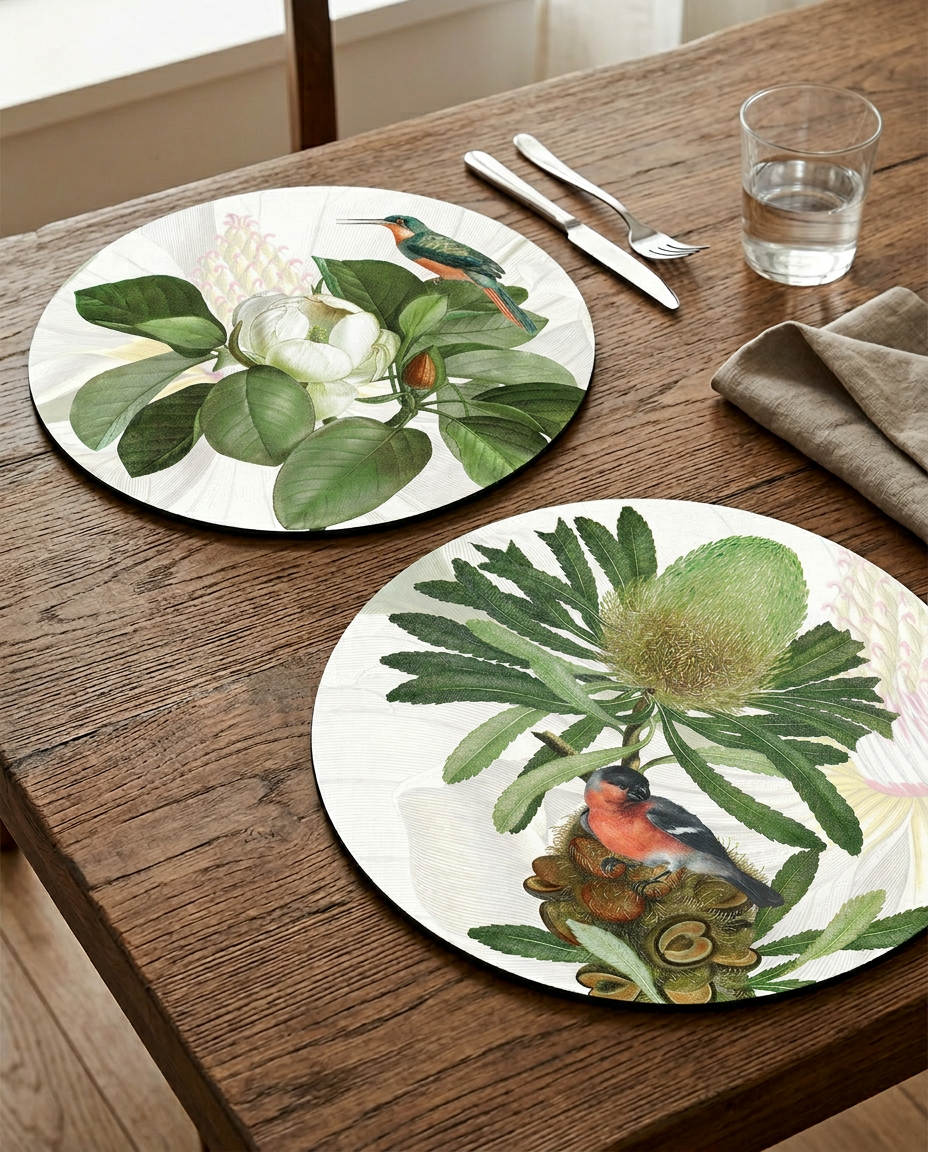 Loma round hardboard and cork placemats with botanical print