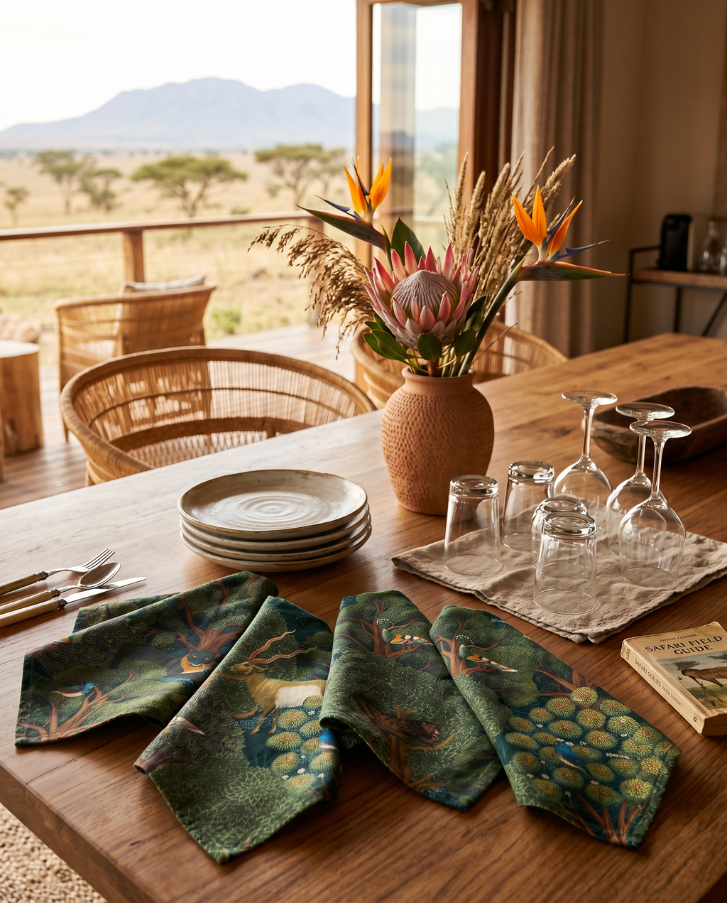 Madikwe set of four Premium Linen napkins with wildlife print