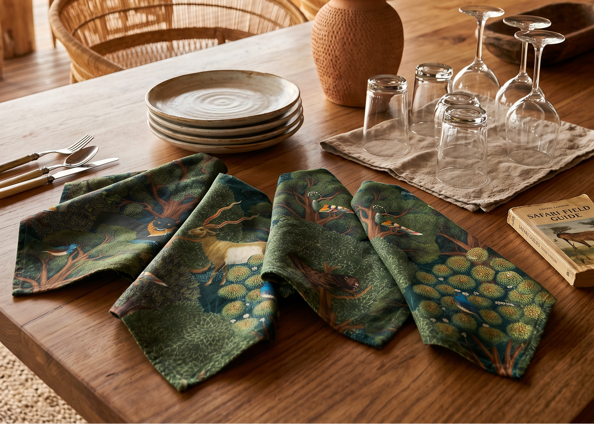 Madikwe set of four Premium Linen napkins with wildlife print