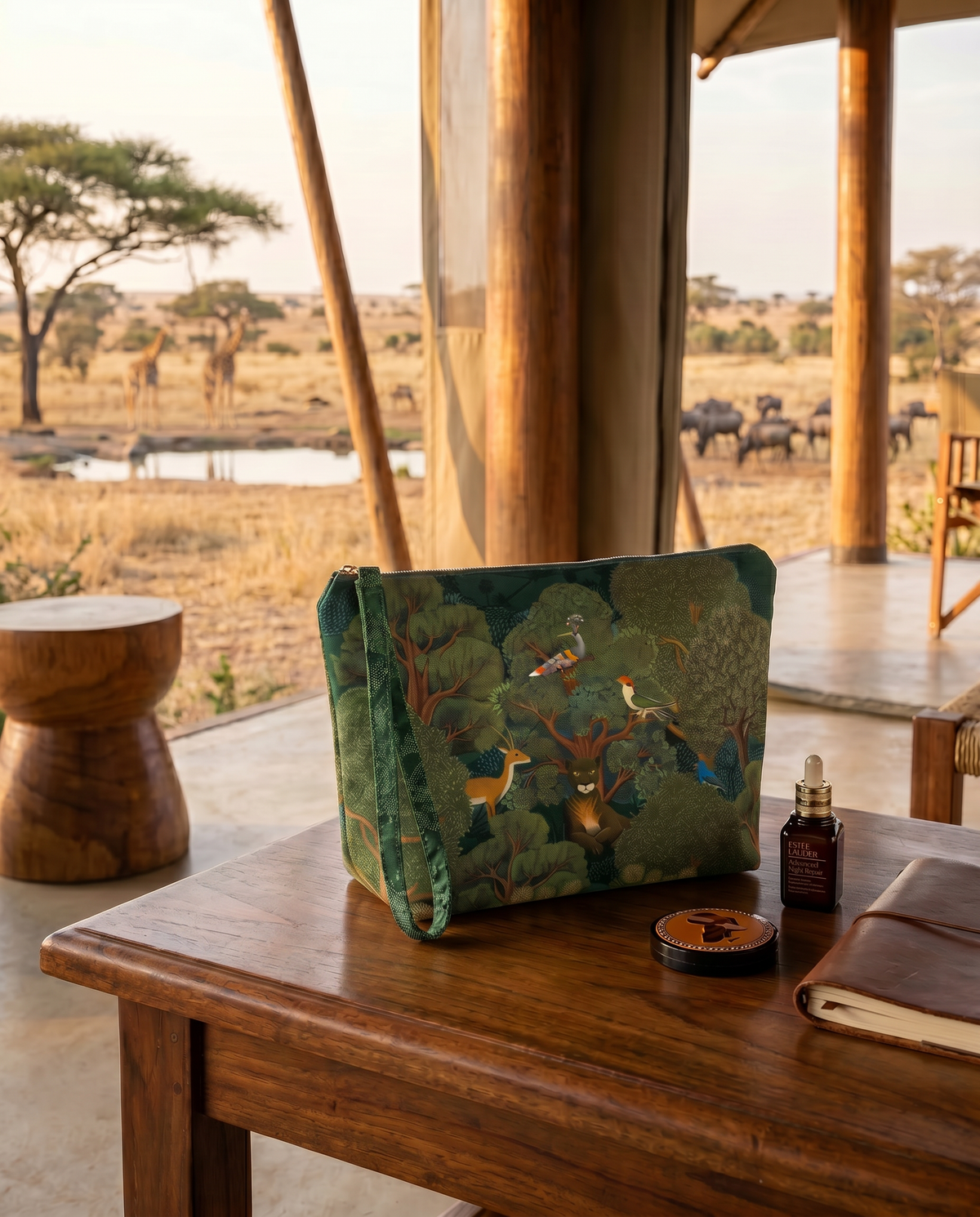 Madikwe velvet trousse with wildlife-inspired print