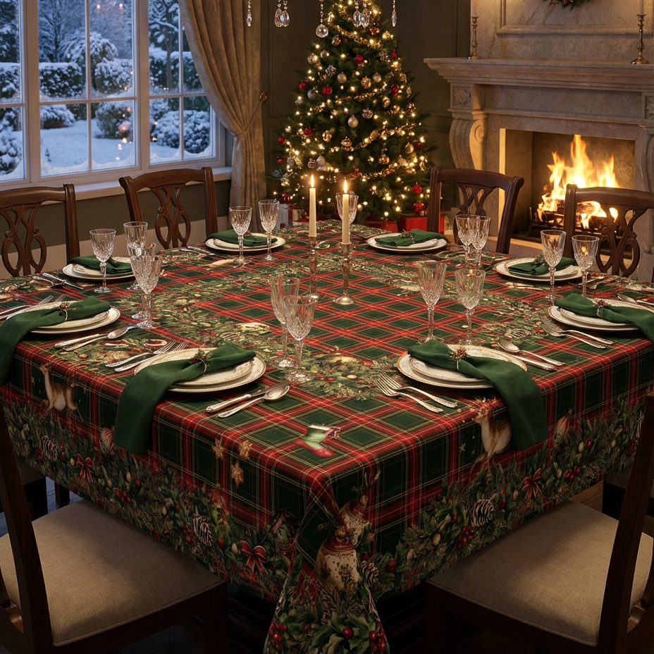 Merry Moments Premium Linen tablecloth with festive print, 180 × 360 cm