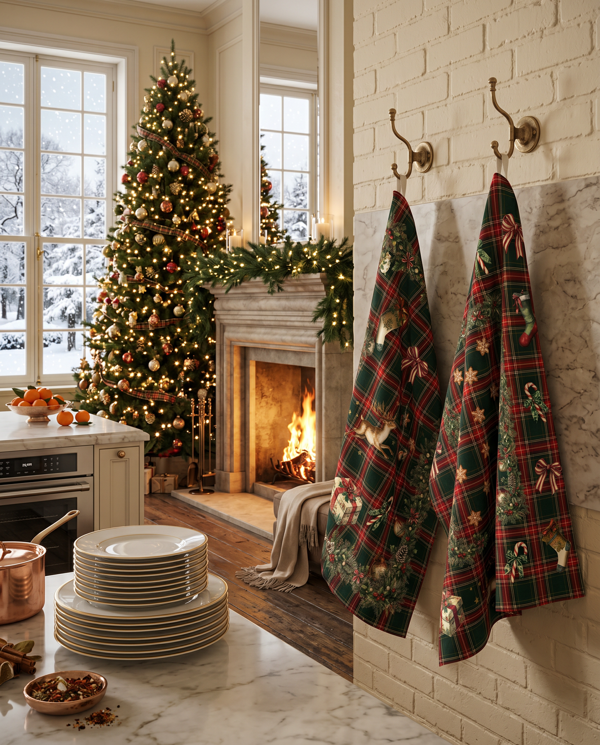 Merry Moments lino premium paño de cocina con estampado festivo, Paño de cocina Var. 1