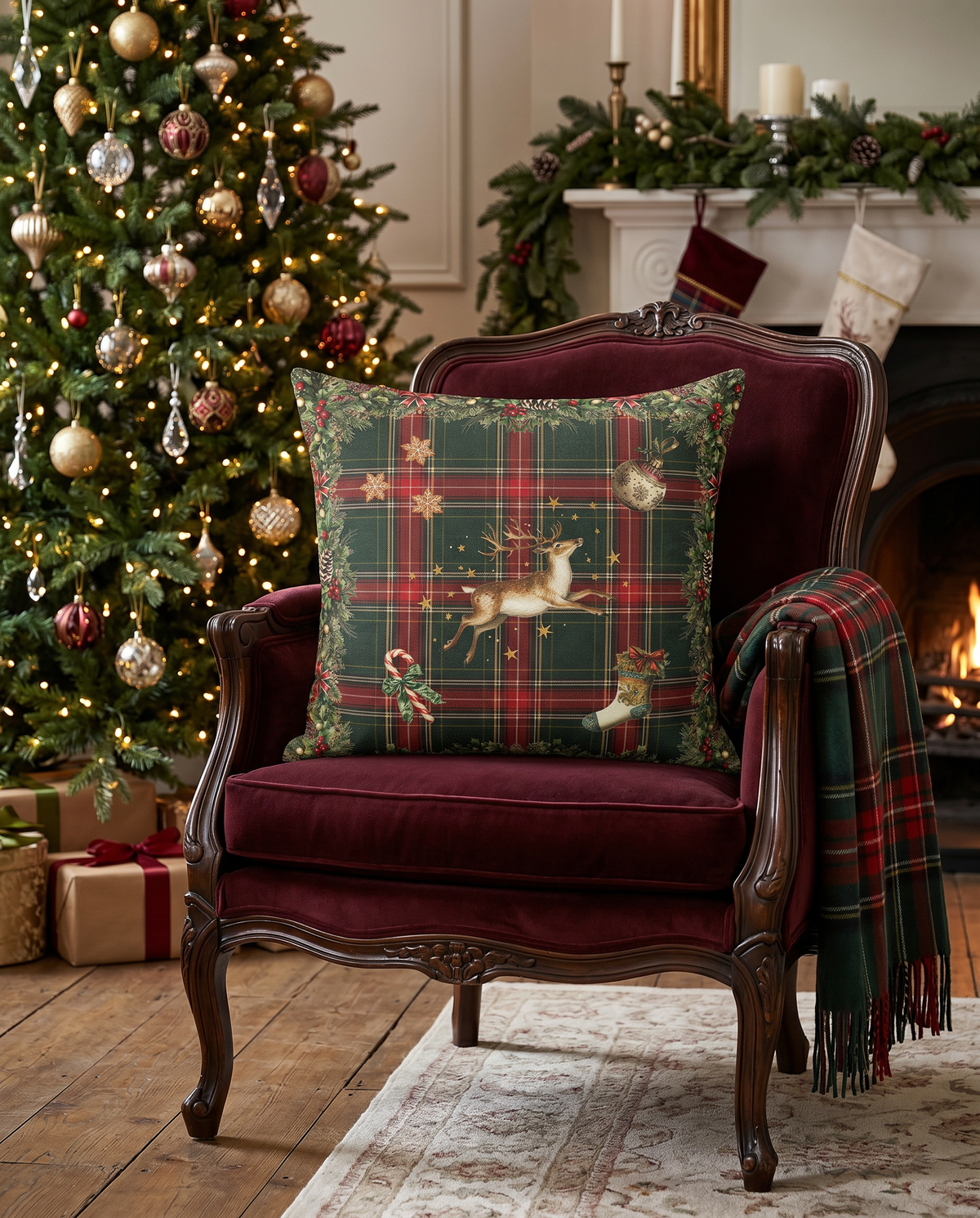 Merry Moments decorative velvet cushion with festive print