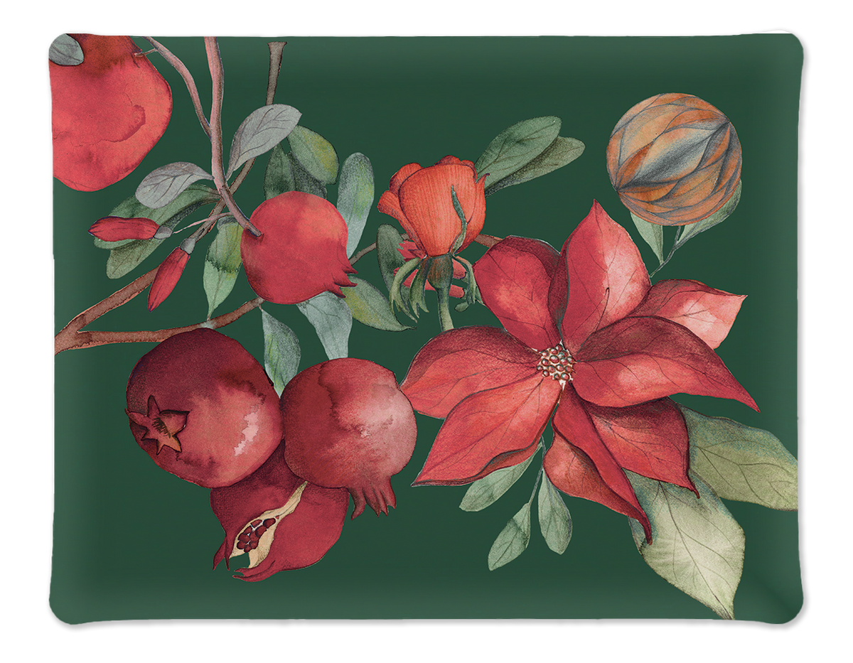 Grenade Green acrylic tray with printed linen and pomegranate design, 37 × 28
