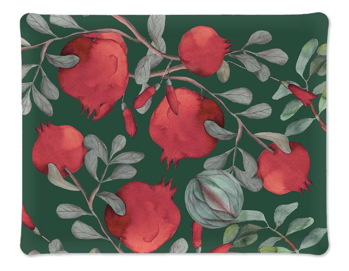 Grenade Green acrylic tray with printed linen and pomegranate design, 54 × 43